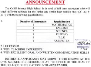 Cavite State University Science High School Job Opening for June 2018