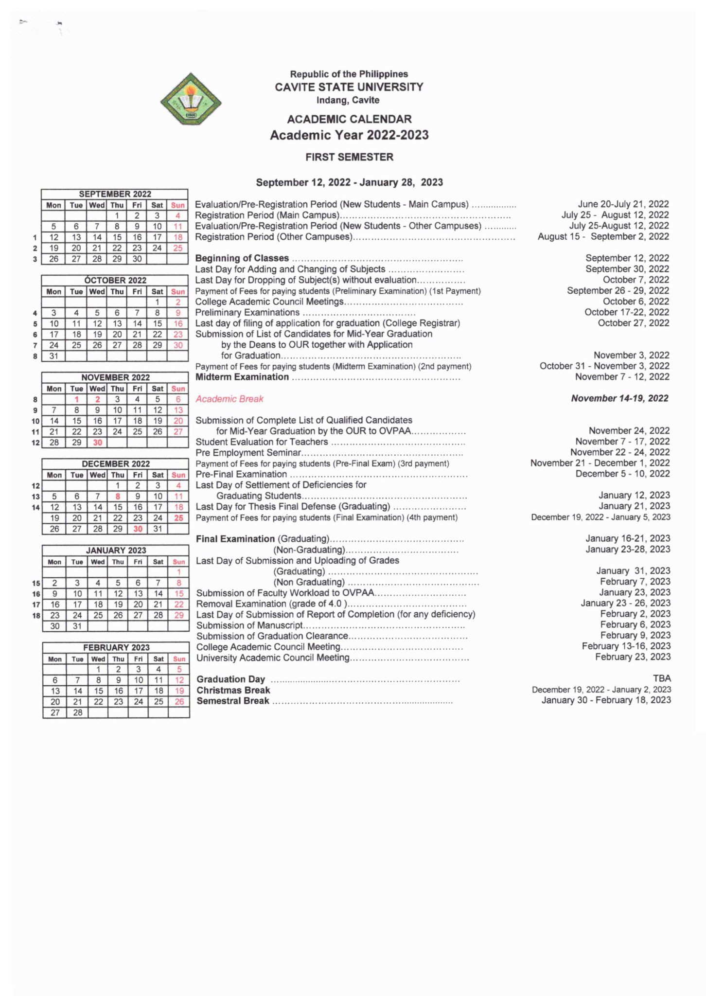 University Calendar Cavite State University