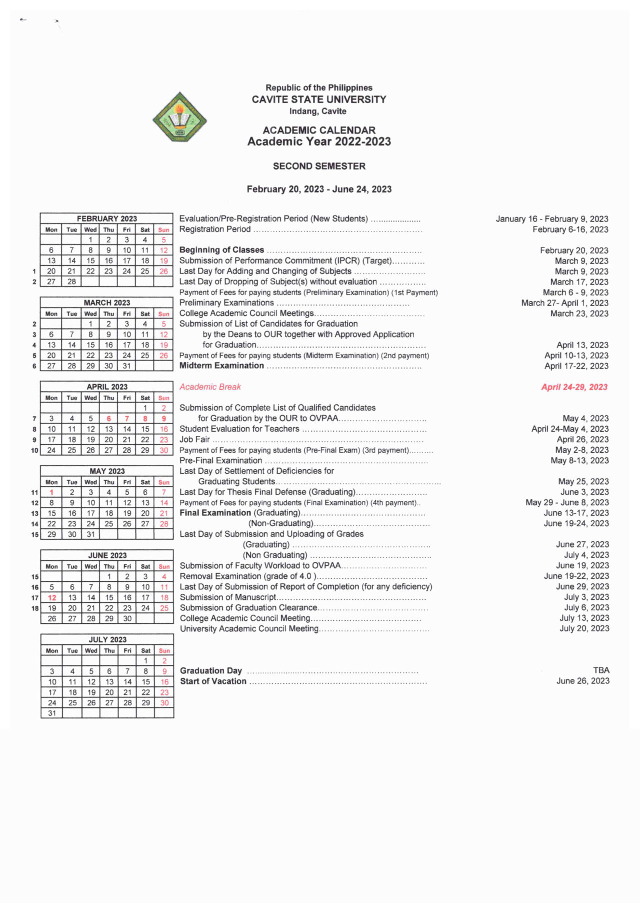 University Calendar – Cavite State University