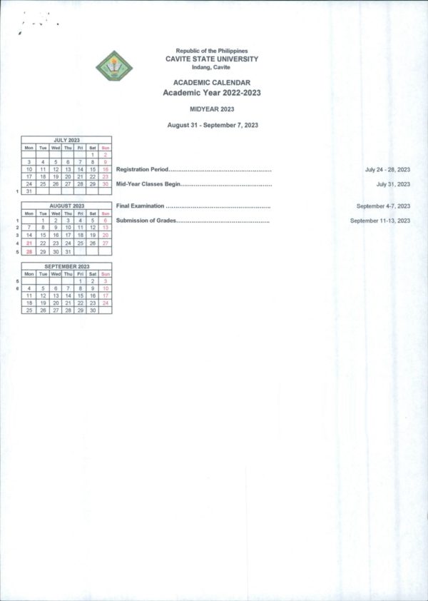 University Calendar AY 20222023 Cavite State University