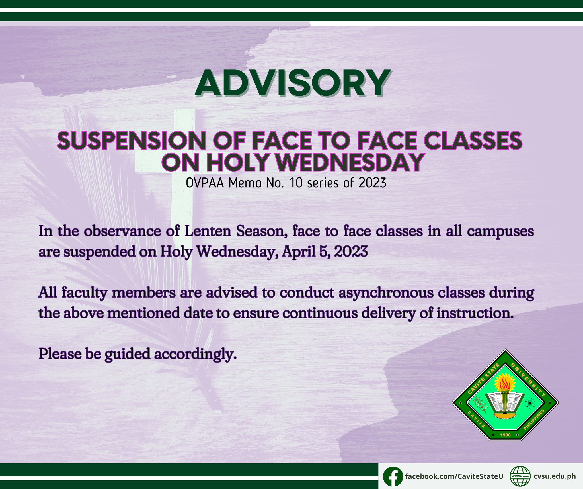 Suspension of face-to-face classes on Holy Wednesday – Cavite State  University