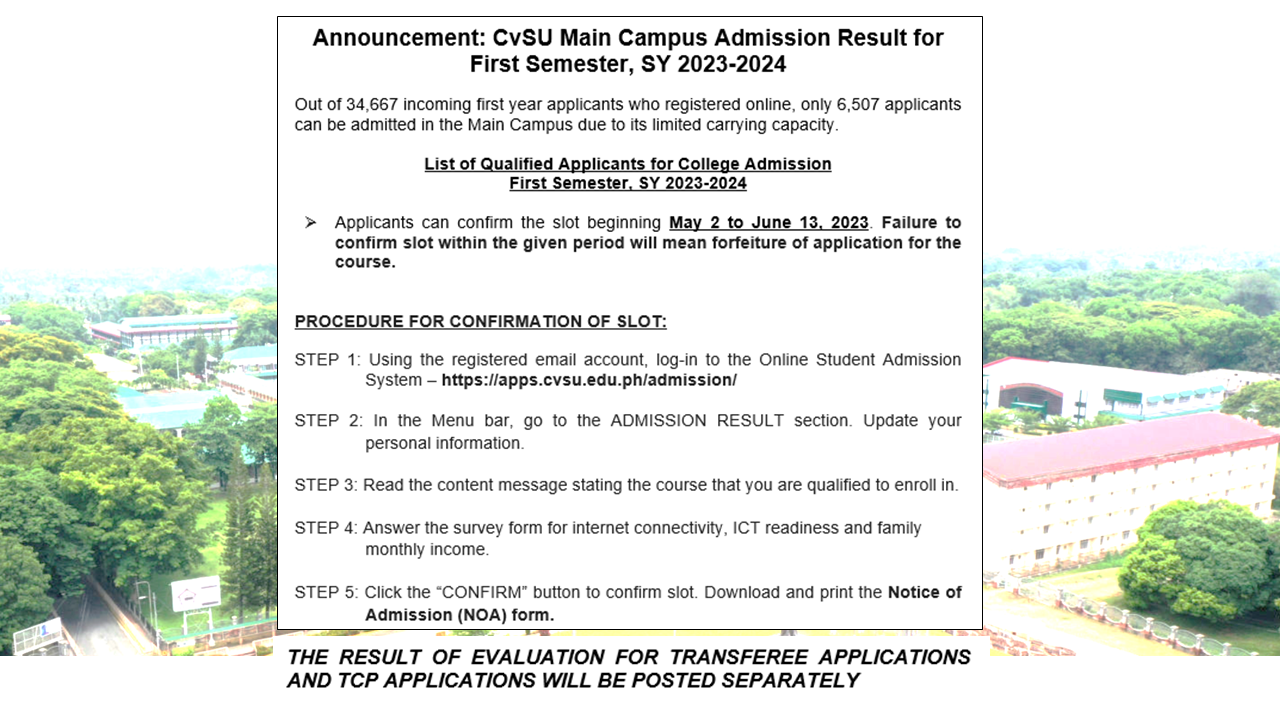 Admission Result for First Semester, SY 20232024 Cavite State University