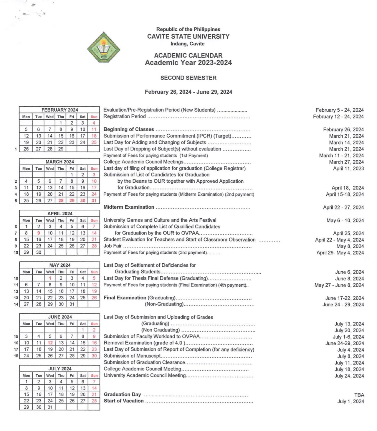 University Calendar Cavite State University