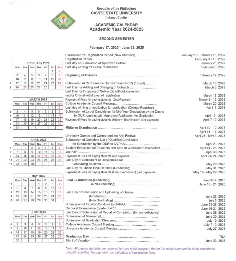 University Calendar Cavite State University